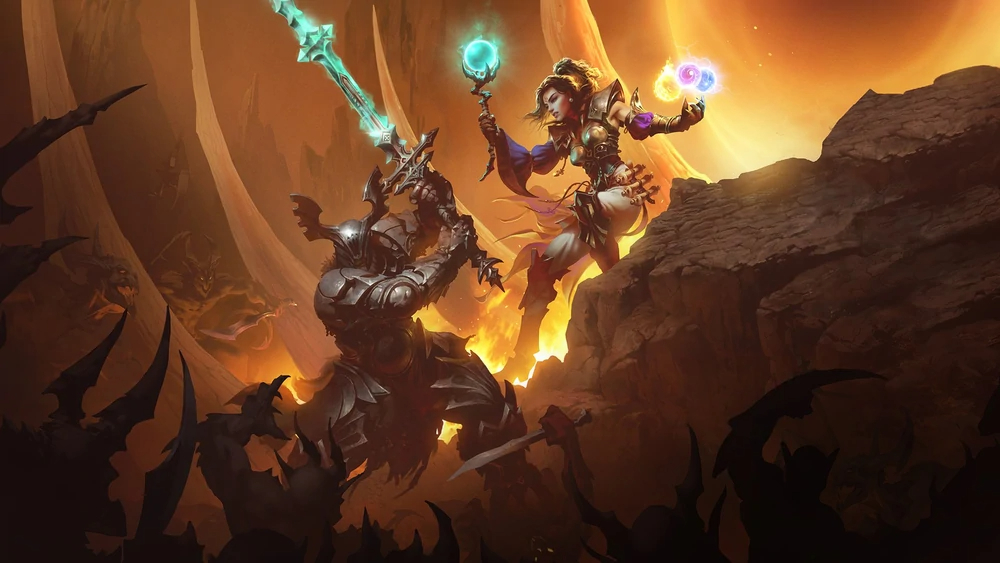 Diablo 3 Kreuzritter und Zauberer kämpfen auf einem Hügel gegen Dämonen
