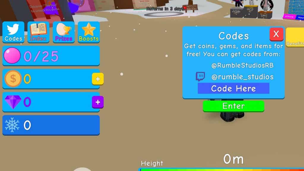 Kaugummi-Simulator-Menü im Spiel, in dem Codes eingelöst werden müssen