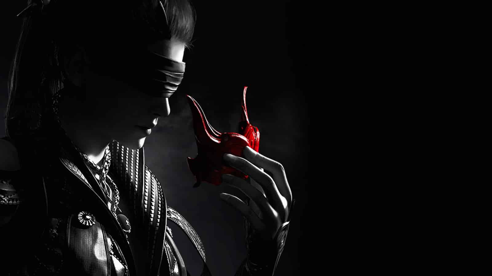 naraka bladepoint weibliche figur mit augenbinde in schwarz und weiß hält eine rote oni-maske vor ihr gesicht