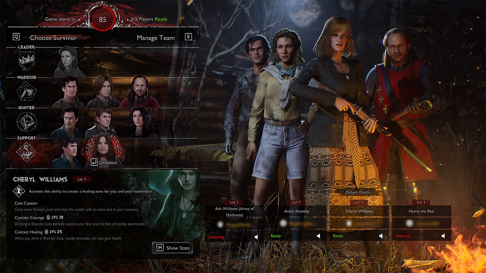 Der Survivor-Auswahlbildschirm in Evil Dead: The Game