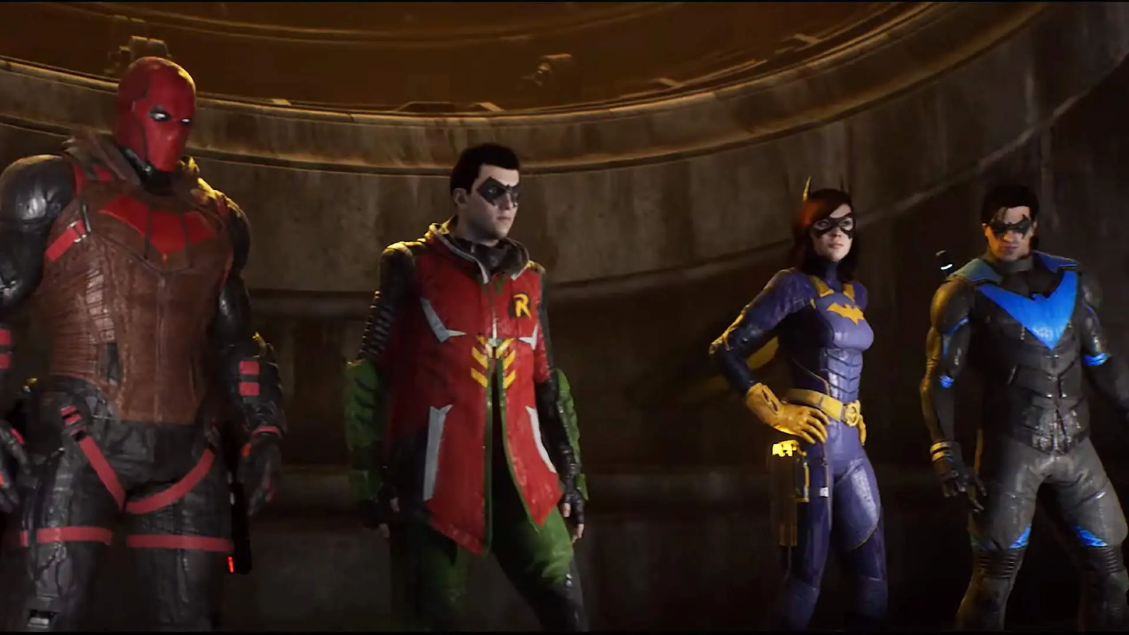 Gotham Knights Robin Nightwing Batgirl und Red Hood stehen über Gotham City