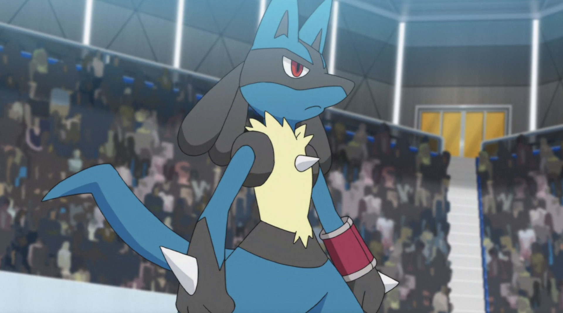 Screenshot von Lucario, der im Pokémon-Anime kämpft.
