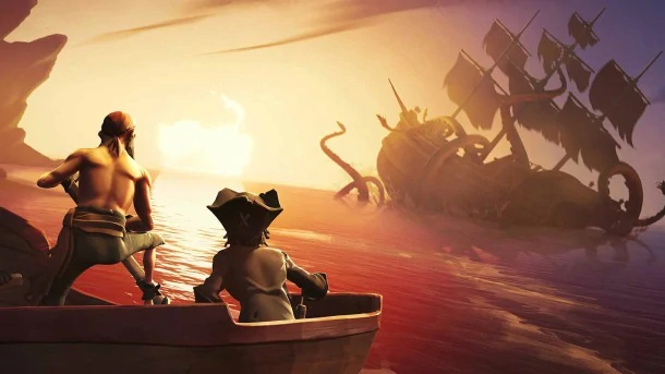 Sea of ​​Thieves-Charaktere, die einen Kraken betrachten, der ein Schiff zerstört