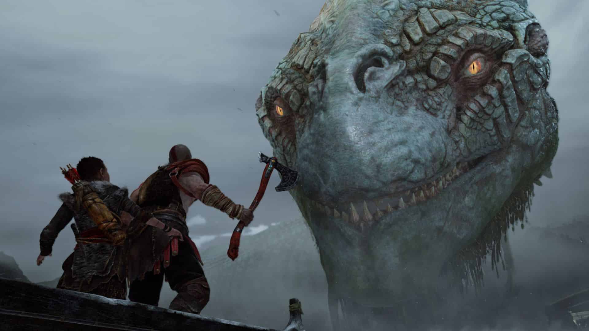 Kratos und Atreus sprechen mit Jörmungandr