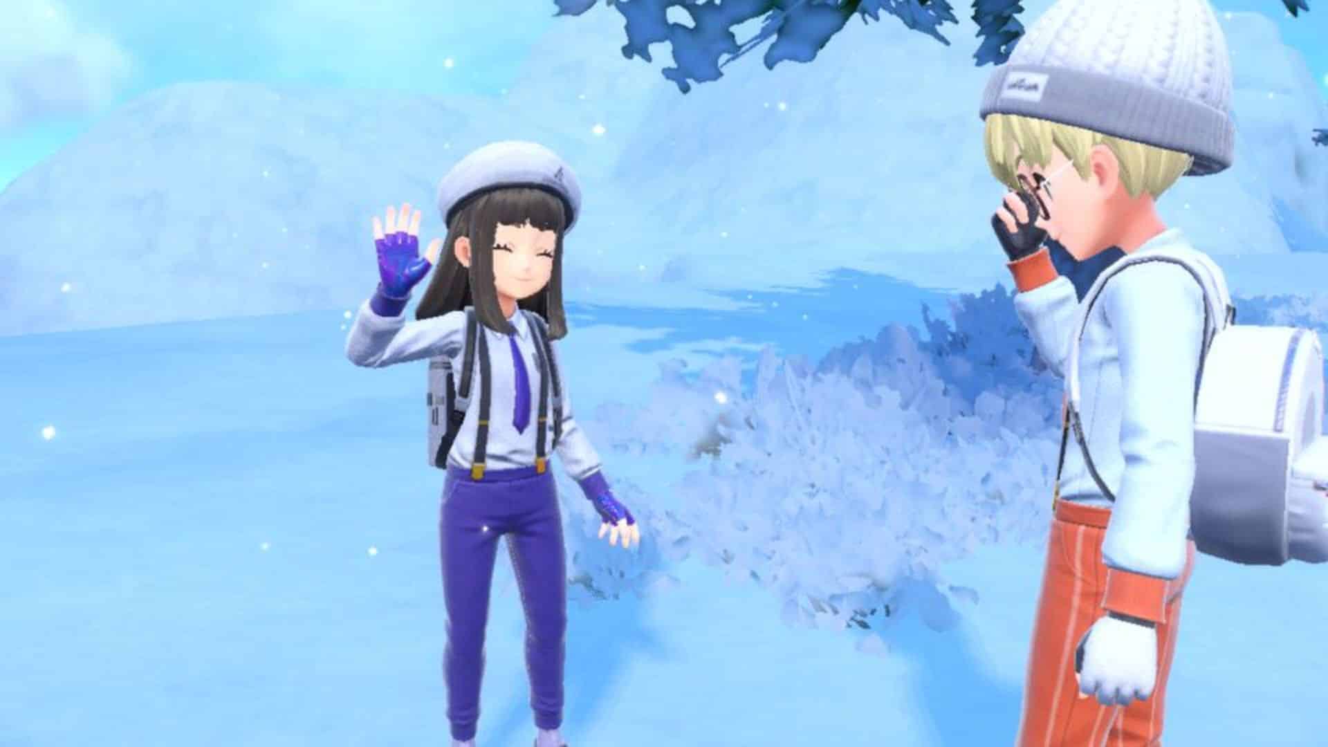 Pokémon-Trainer, die in Pokémon-Scharlachrot und Violett miteinander sprechen