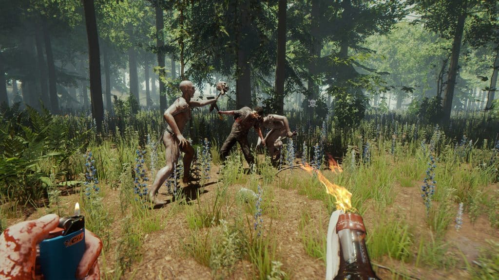 ein Screenshot im Spiel von The Forest und seinen feindseligen Kreaturen