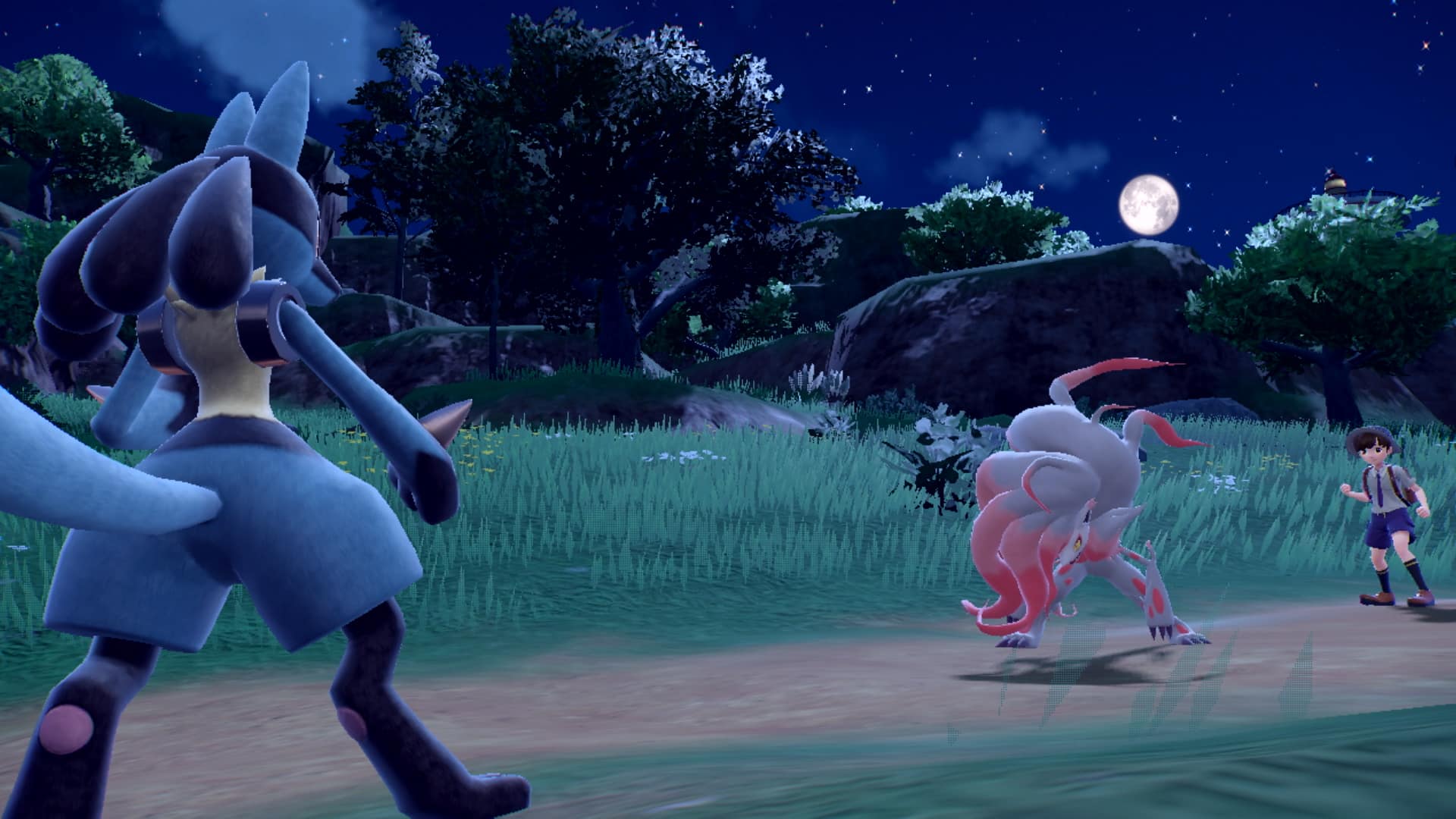 Pokémon Scarlet & Violet kämpfen mit Lucario & Hisuian Zoroark Screenshot.