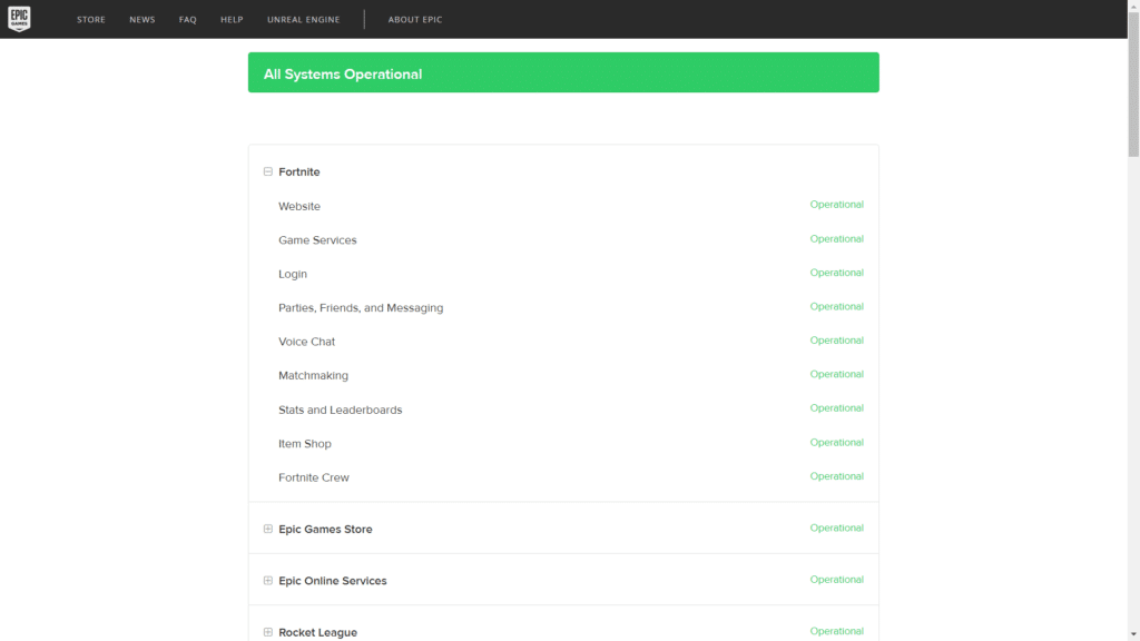 Offizielle Website von Epic Games zur Überprüfung des Fortnite-Serverstatus 