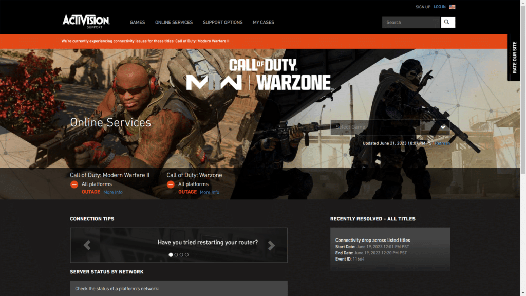 MW2 ausgefallen?  Schauen Sie auf der Support-Seite von Activision nach Online-Diensten