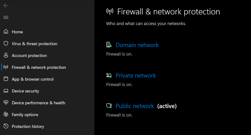 Schalten Sie die Firewall für das derzeit aktive Netzwerkprofil aus (Domäne, Privat, Öffentliches Netzwerk).