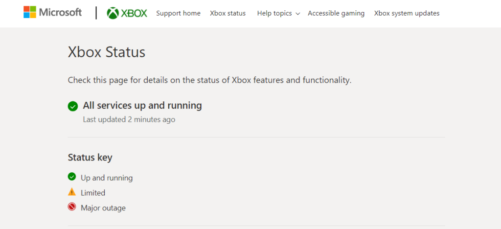 Gehen Sie zur offiziellen Xbox-Box-Website und prüfen Sie, ob die Server online sind