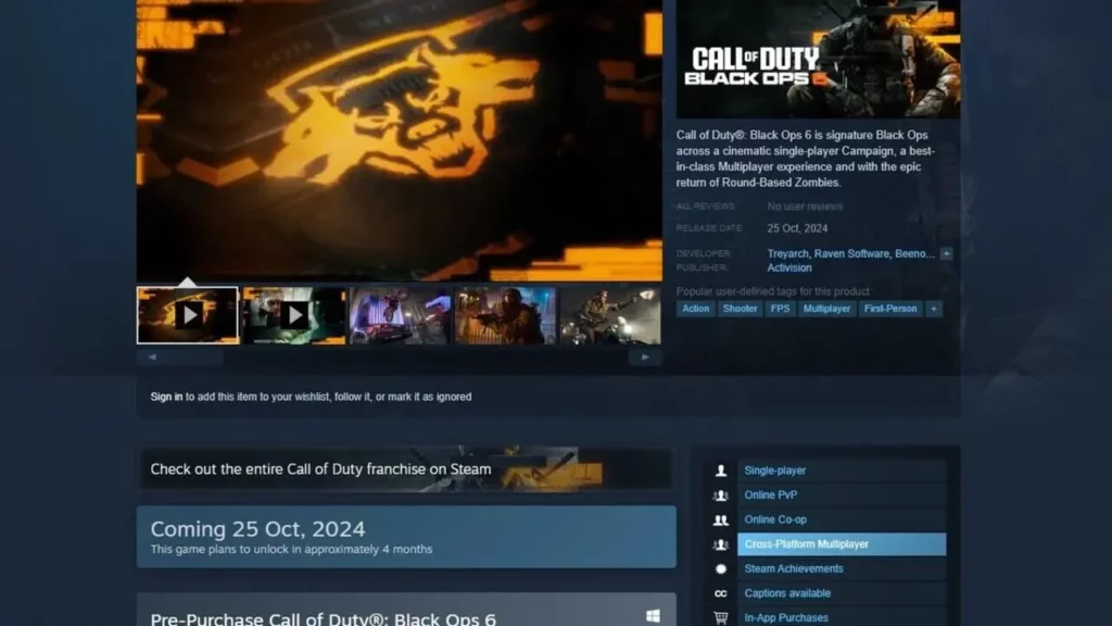 Cross-Plattform-Multiplayer ist unter den wichtigsten Funktionen von Black Ops 6 auf Steam aufgeführt 