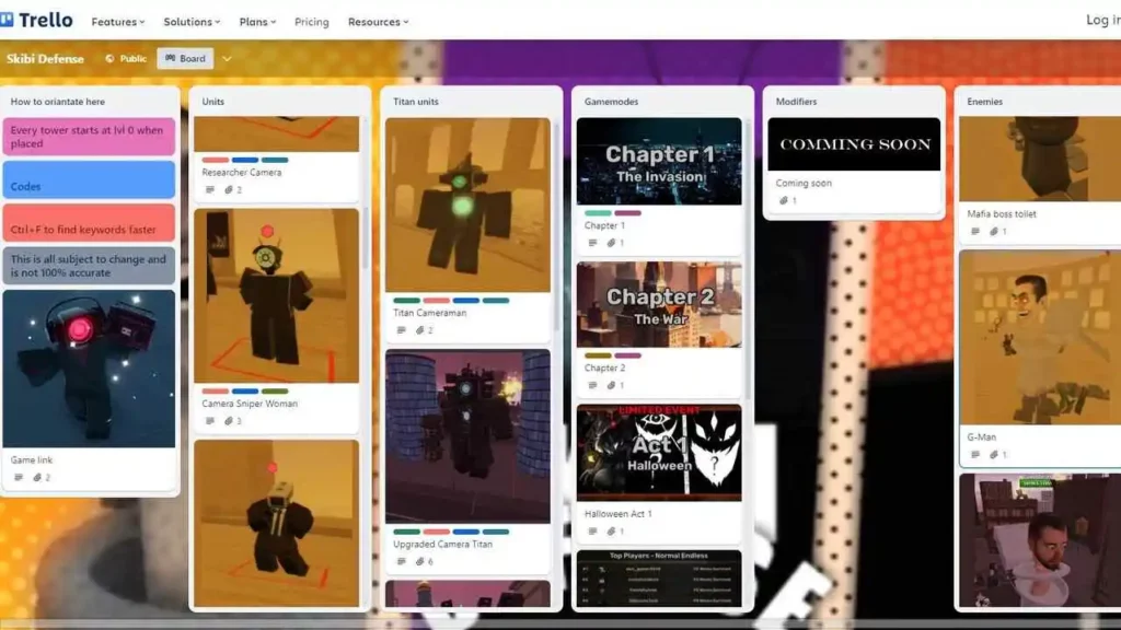 Skibidi Tower Defense Trello-Board