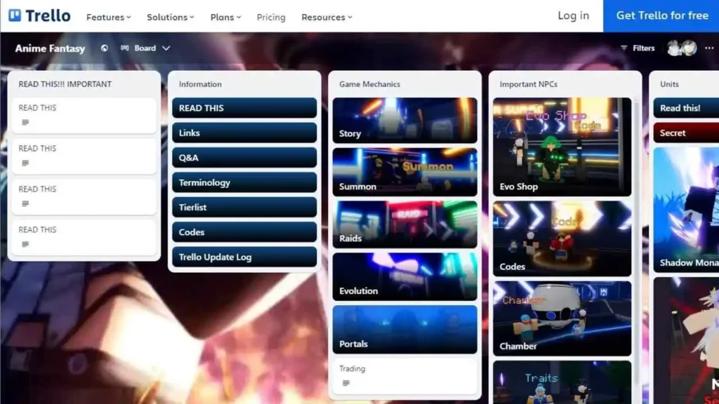 Anime Fantasy Trello-Board