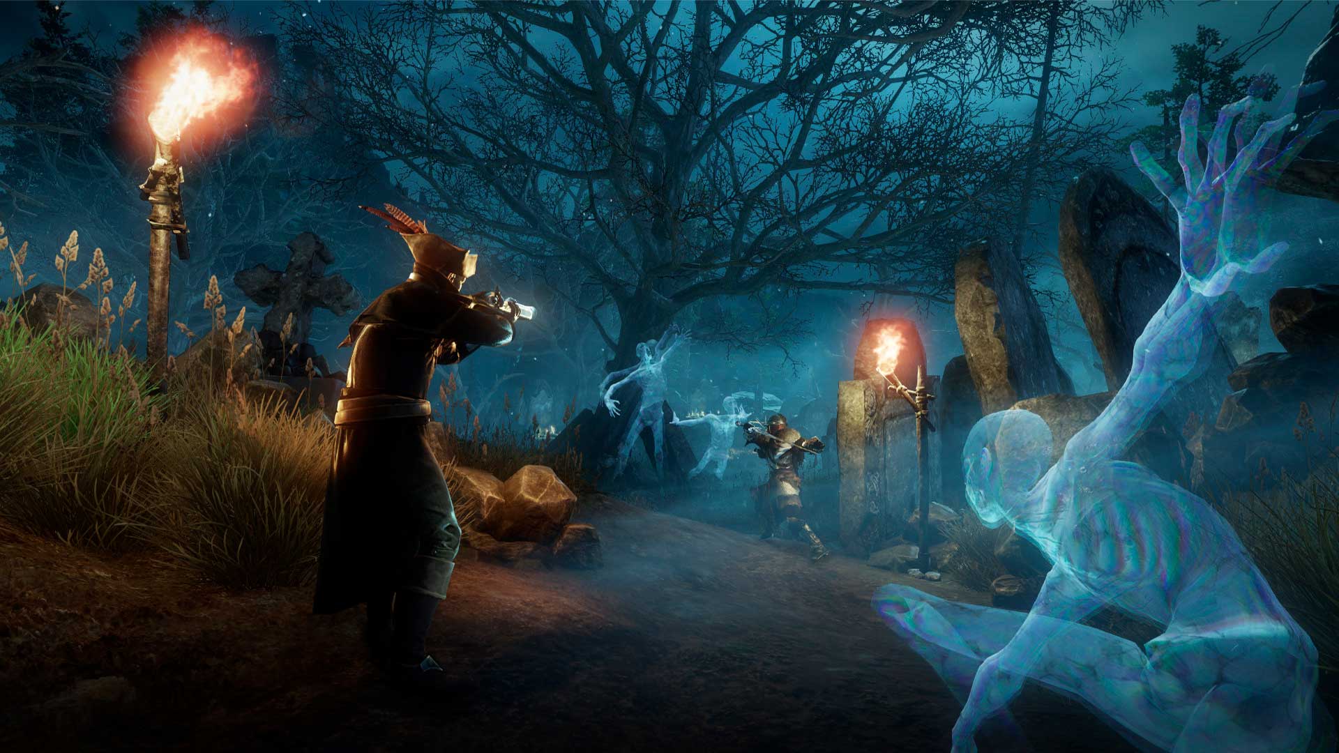 Ein Bild von Spielern der Neuen Welt, die Musketen auf einem Friedhof abfeuern.
