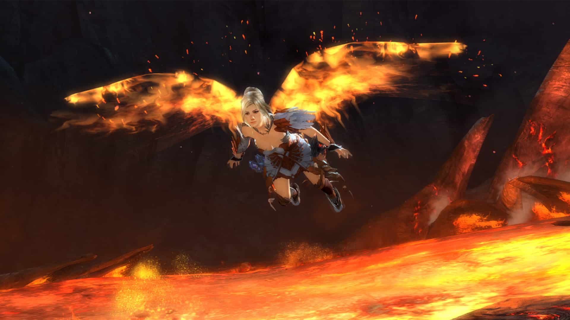 Guild Wars 2 Charakter gleitet mit feurigen Flügeln über den Vulkan